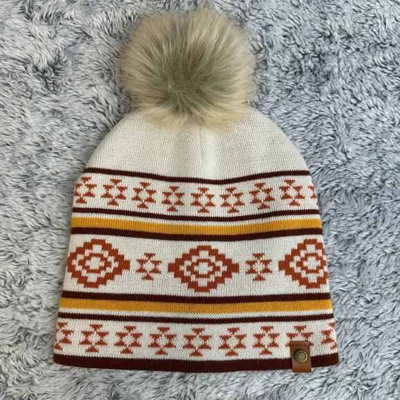 Frye and Co Pom Beanie Nordic Fair Isle Brown Orange Cream Winter Hat - Picture 1 of 7